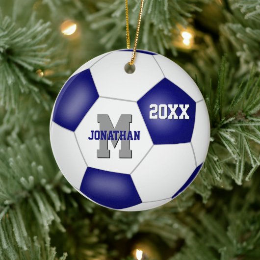青い白いチームカラーズボーイズサッカー セラミックオーナメント (ツリー)