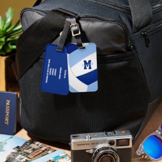 青い白いチームカラーバレーボールモノグラムのボール ラゲッジタグ (正面&裏面)