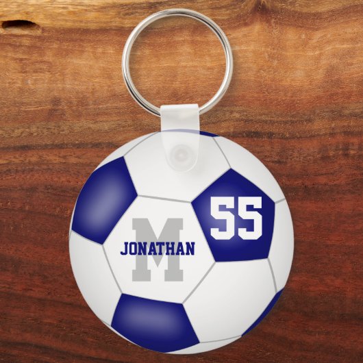 青い白いチームカラー男の子サッカーボール キーホルダー (正面)