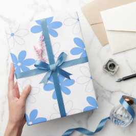 青い白いデイジーの花かわいらし柄 ラッピングペーパー