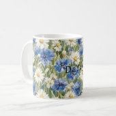 青い白いデイジーの花 コーヒーマグカップ (正面左)
