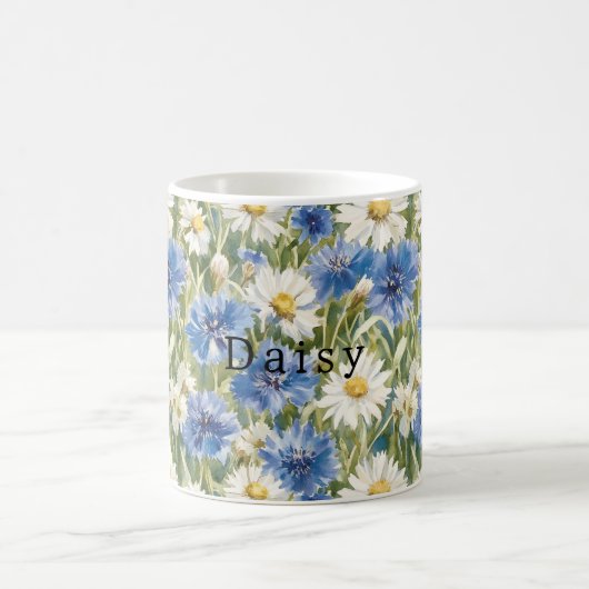 青い白いデイジーの花 コーヒーマグカップ (中央)