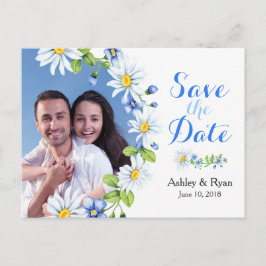 青い白いデイジー写真の結婚式の日付を保存 案内ポストカード