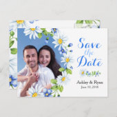 青い白いデイジー写真の結婚式の日付を保存 案内ポストカード (正面/裏面)