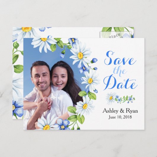 青い白いデイジー写真の結婚式の日付を保存 案内ポストカード (正面/裏面)