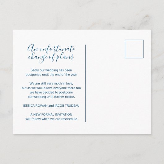 青い白いハートのキャンセルを計画結婚に更新 案内ポストカード (裏面)