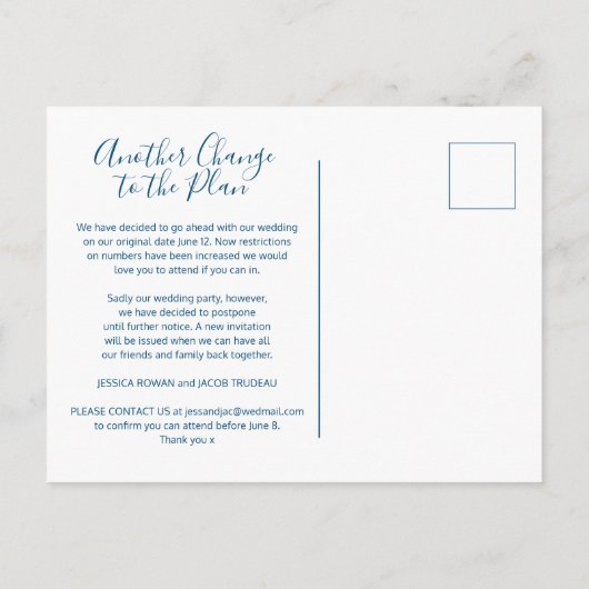 青い白いハートを計画する別の結婚更新 案内ポストカード (裏面)