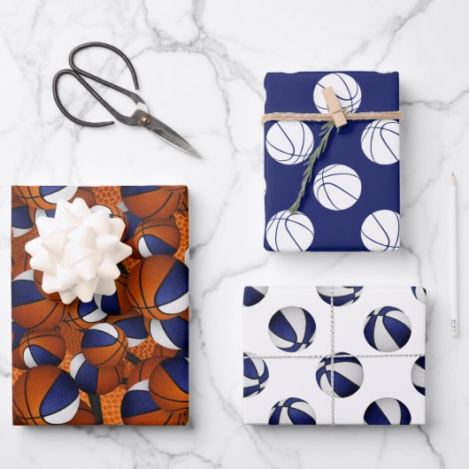 青い白いバスケットボールパターンを調整するセット ラッピングペーパーシート (正面)