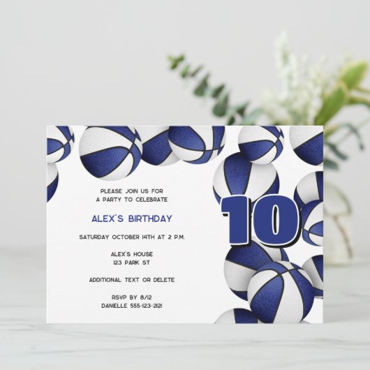 青い白いバスケット男の子の誕生日パーティー 招待状 (スタンド正面)