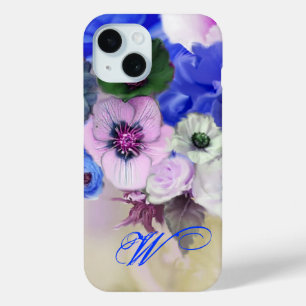 青い白いバラとアネモネの花のモノグラム iPhone 15ケース