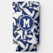 青い白いバレーボールのパターンのスポーツモノグラムの スリム缶クーラー (正面)