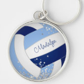 青い白いバレーボール小さな銀の星アクセント キーホルダー (正面)