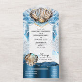青い白いビーチの貝の貝殻の光沢のある真珠の母親 オールインワン招待状 (内側)