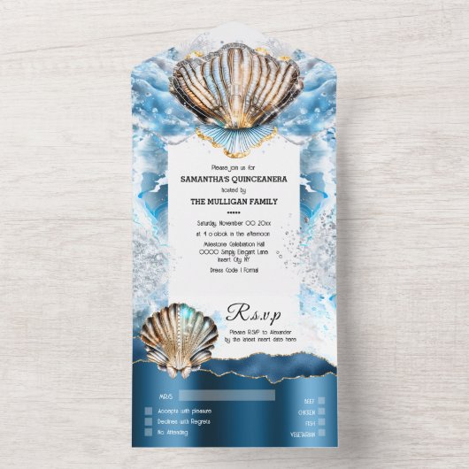 青い白いビーチの貝の貝殻の光沢のある真珠の母親 オールインワン招待状 (内側)