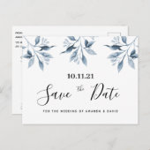 青い白いフローラの植物結婚式日付を保存 ポストカード (正面/裏面)