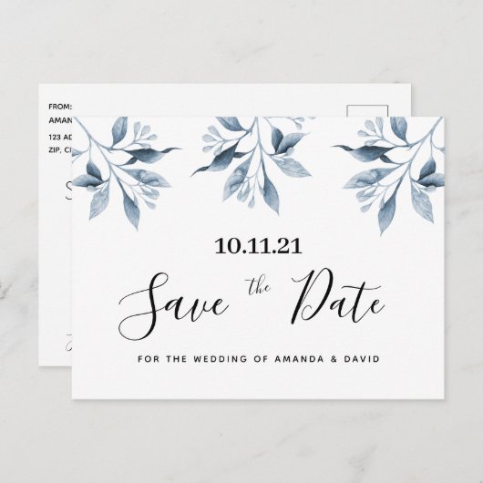 青い白いフローラの植物結婚式日付を保存 ポストカード (正面/裏面)