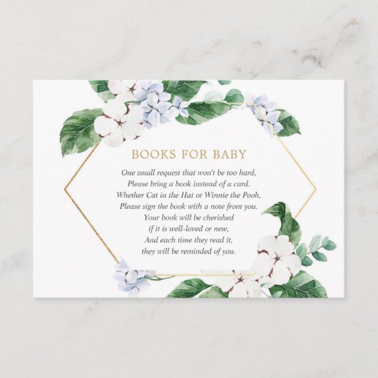 青い白いフローラの緑の金ゴールドの本男の赤ちゃん エンクロージャーカード (正面)