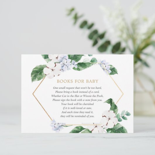 青い白いフローラの緑の金ゴールドの本男の赤ちゃん エンクロージャーカード (スタンド正面)