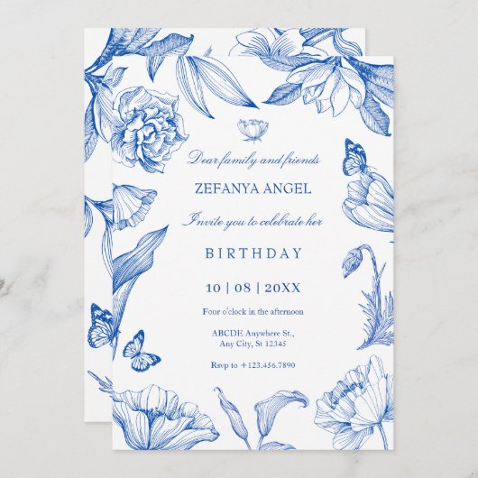 青い白いフローラエレガント誕生日 招待状 (正面/裏面)