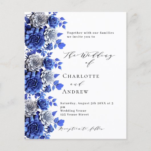 青い白いフローラスクリプト予算結婚式招待状 (正面)