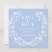 青い白いフローラリース日付の写真カードを保存 (正面)