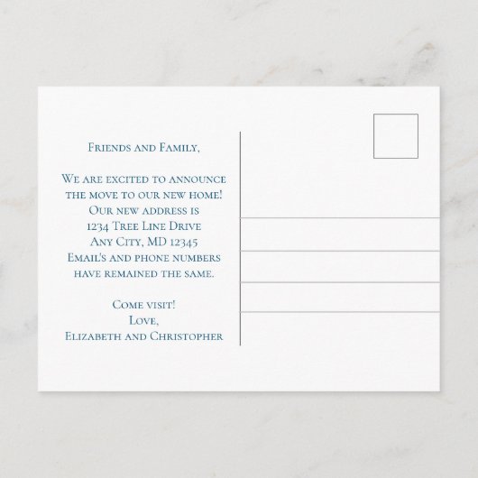 青い白いフローラ花スクリプト移動 案内ポストカード (裏面)