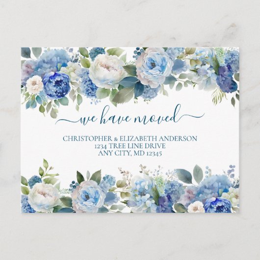 青い白いフローラ花スクリプト移動 案内ポストカード (正面)