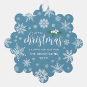 青い白いホリー雪の結晶メリークリスマスフォト オーナメントカード (正面)