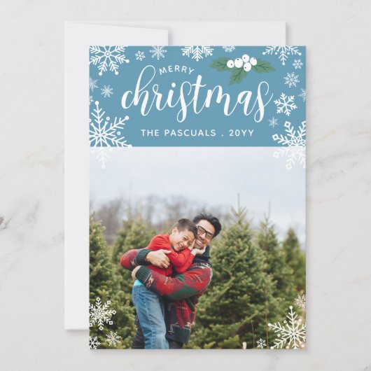 青い白いホリー雪の結晶メリークリスマスフォト シーズンカード (正面)