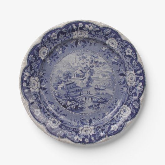 青い白いヤナギのデルフトのフェイクな磁器の花柄 ペーパープレート (正面)