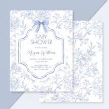 青い白いヴィンテージフローラルパターン弓ベビーシャワー