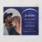 青い白い写真のアーチ結婚式Dateカードを保存 (正面)