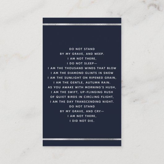 青い白い写真のエレガント葬儀祈りの言葉 名刺 (裏面)