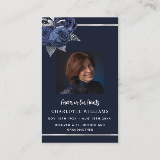 青い白い写真フローラ葬儀祈りの言葉カード 名刺 (正面)