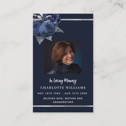 青い白い写真フローラ葬儀祈りの言葉カード 名刺 (正面)