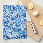 青い白い孔雀の羽 キッチンタオル (四つ折り)