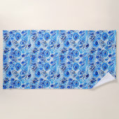青い白い孔雀の羽 ビーチタオル (正面)