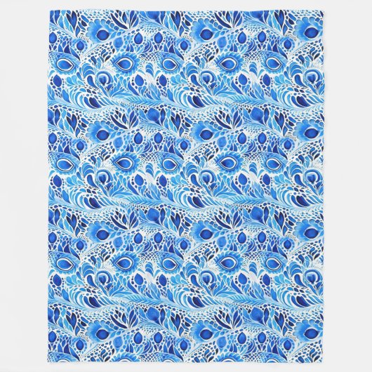 青い白い孔雀の羽 フリースブランケット (正面)