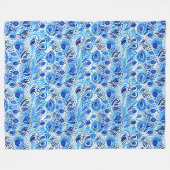 青い白い孔雀の羽 フリースブランケット (正面(横))