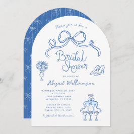 青い白い手お洒落引きブライダルシャワー 招待状