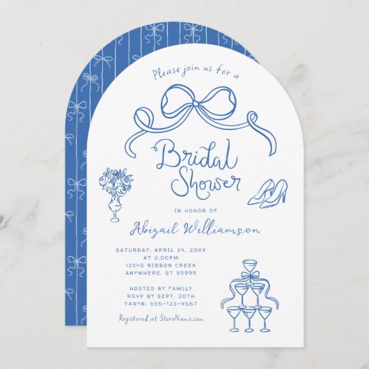 青い白い手お洒落引きブライダルシャワー 招待状 (正面/裏面)