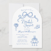 青い白い手お洒落引きブライダルシャワー 招待状 (正面)
