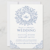 青い白い手描き葉モノグラム結婚アート 招待状 (正面)