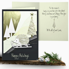 青い白い折り紙クリスマスハリネズミがソリに カード