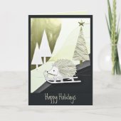 青い白い折り紙クリスマスハリネズミがソリに カード (正面)