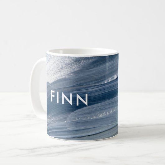 青い白い抽象芸術モダンテクスチャ絵を描手 コーヒーマグカップ (正面左)