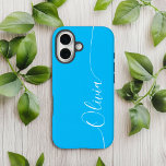 青い白い書エレガント跡のスクリプト名 Case-Mate iPhone 14ケース<br><div class="desc">青い白の書道のスクリプトのタイポグラフィ名エレガントカスタムiPhone 14電話のケースは、青い背景に手の書道のスクリプトのにモダンは、あなたの名前を持つトレンディーとデザインを特徴と。©Evco Studio www.zazzle.com/store/evcostudioによる設計</div>