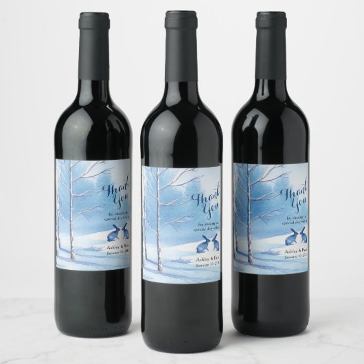 青い白い木うさぎ冬の結婚式ありがとう ワインラベル (ボトル)