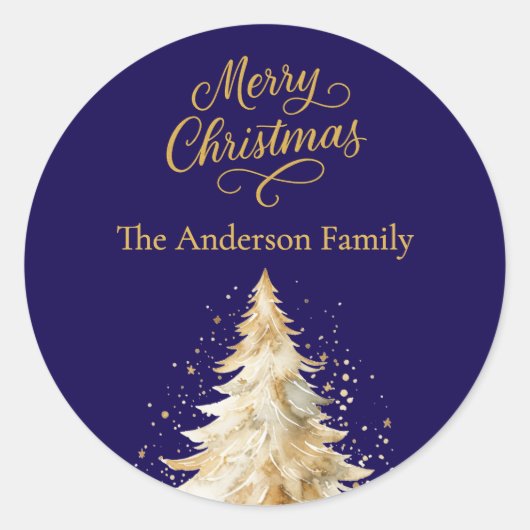 青い白い木の雪のクリスマス ラウンドシール (正面)