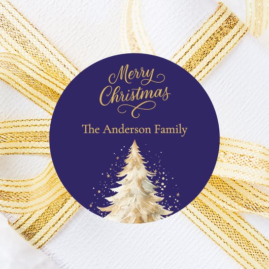 青い白い木の雪のクリスマス ラウンドシール